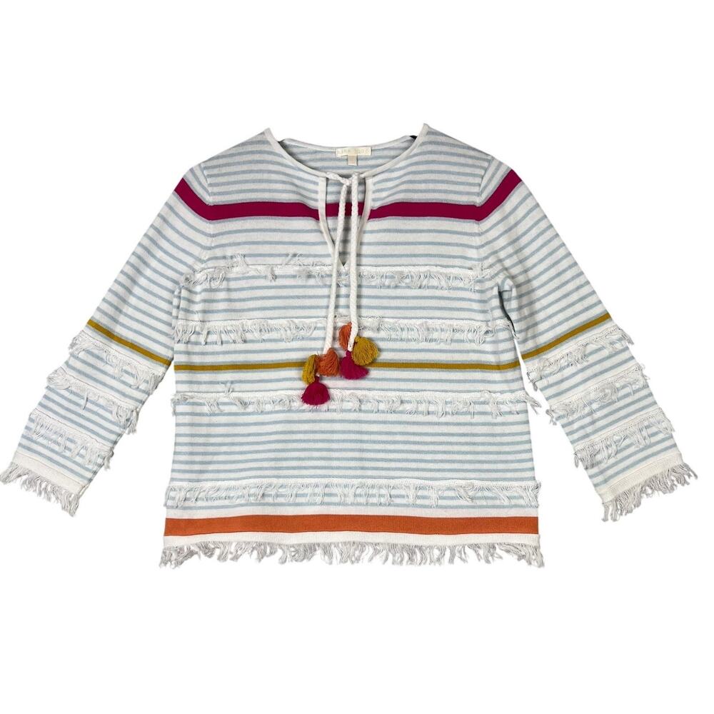 Lisa Todd Sz Petite Small Striped Classic Beach Fray 100% Cotton Tassel Sweater